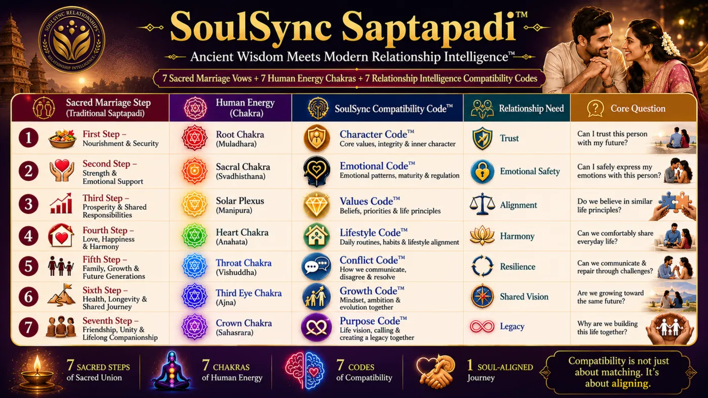 SoulSync Saptapadi Compatibility Matrix — 7 Compatibility Codes mapped to sacred vows and chakras